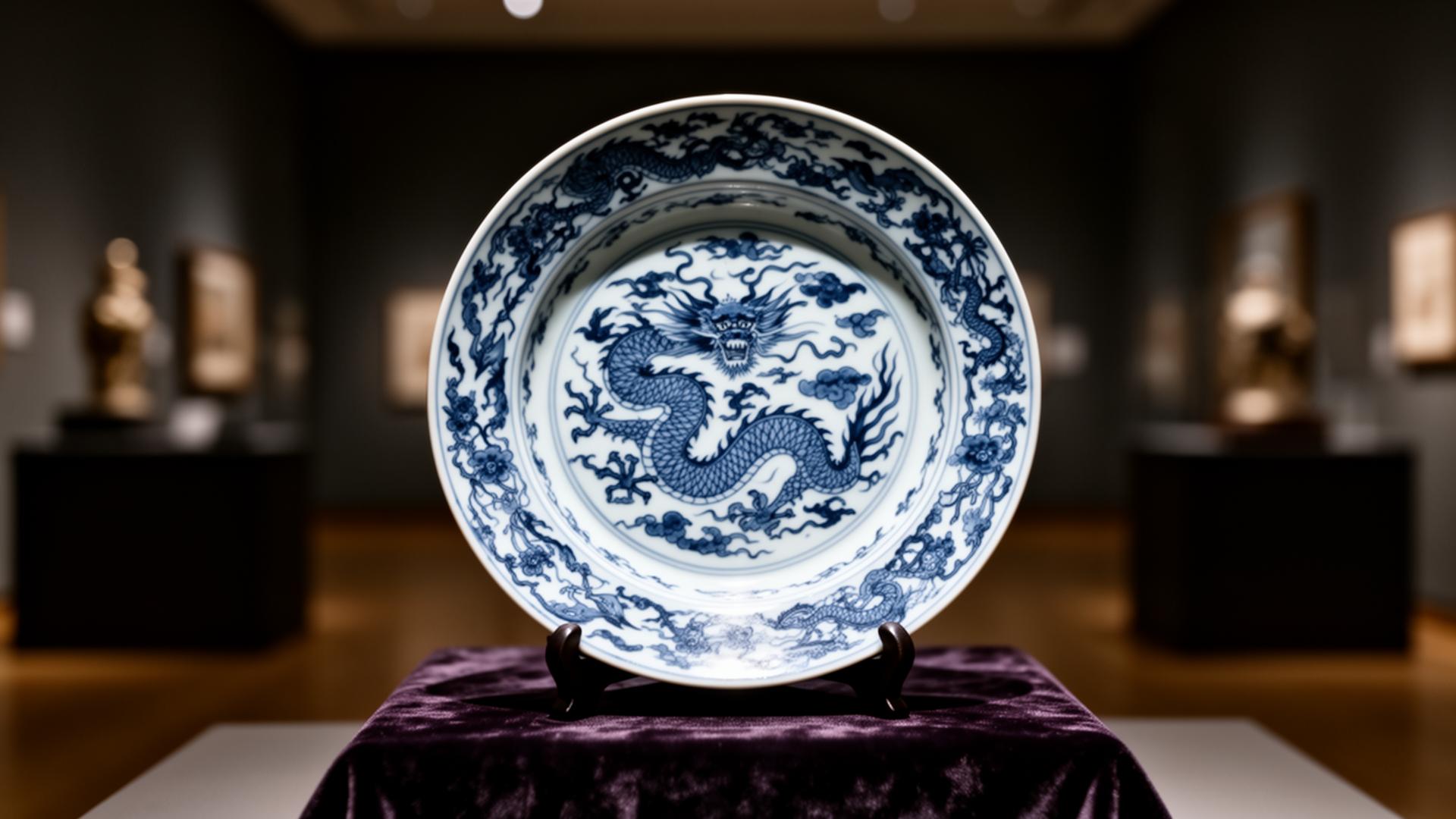 Rare Ming Dynasty blue-and-white porcelain plate with hand-painted dragon patterns