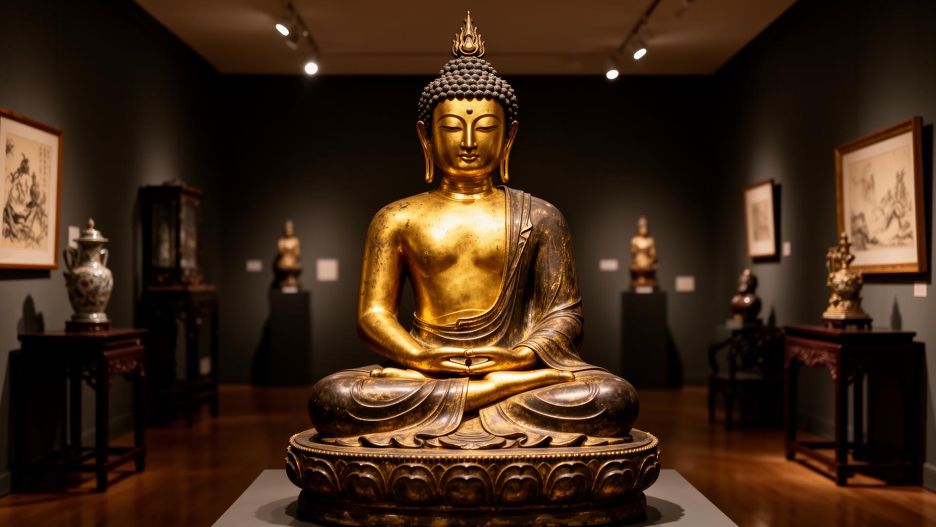 Serene Tang Dynasty gilded bronze Buddha statue in a refined private gallery