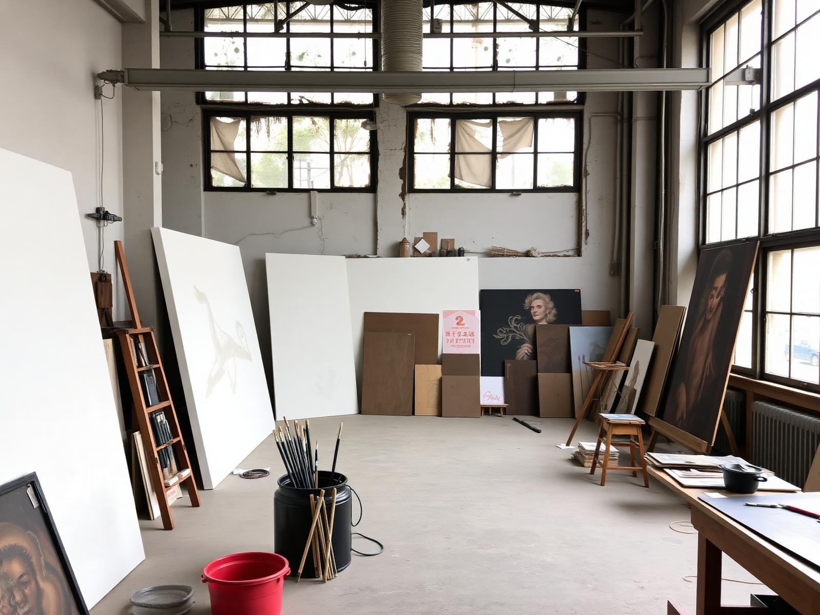 Artist studio with large canvases in Wong Chuk Hang
