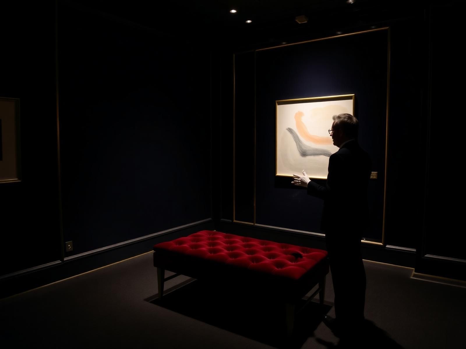 Private viewing room with curator presenting artwork at a Hong Kong auction house
