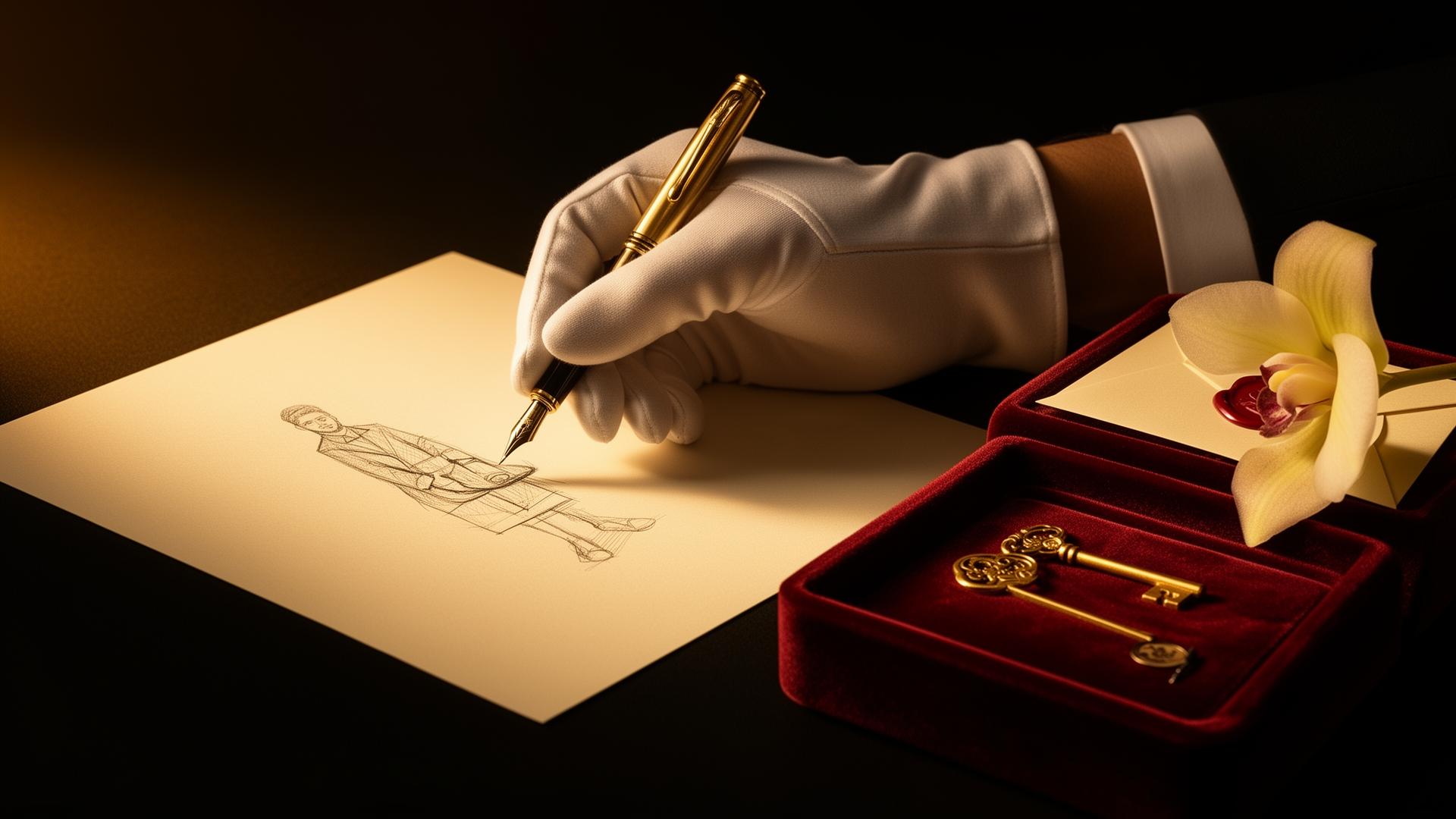 A gloved hand sketching a bespoke itinerary in gold ink — the Privilege Victoria atelier