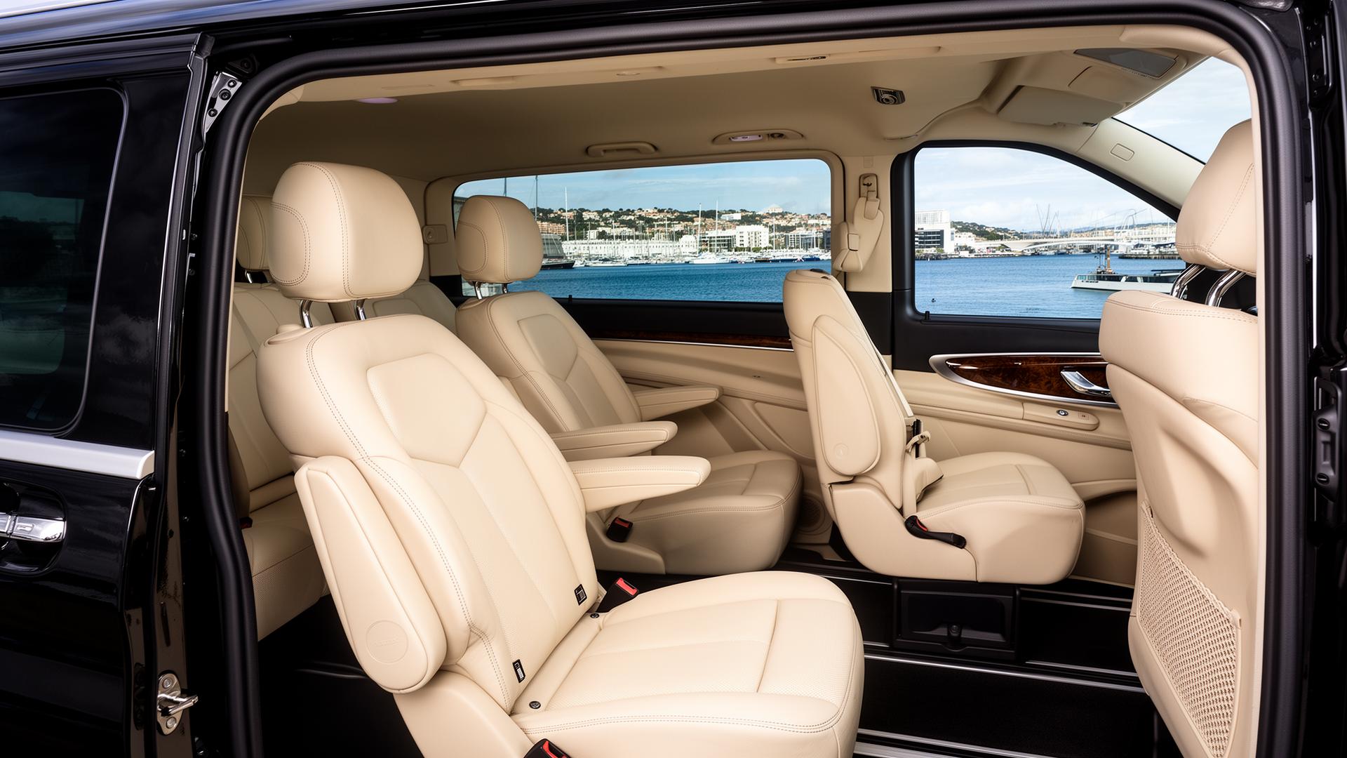 Mercedes-Benz V-Class luxury van interior with harbour view