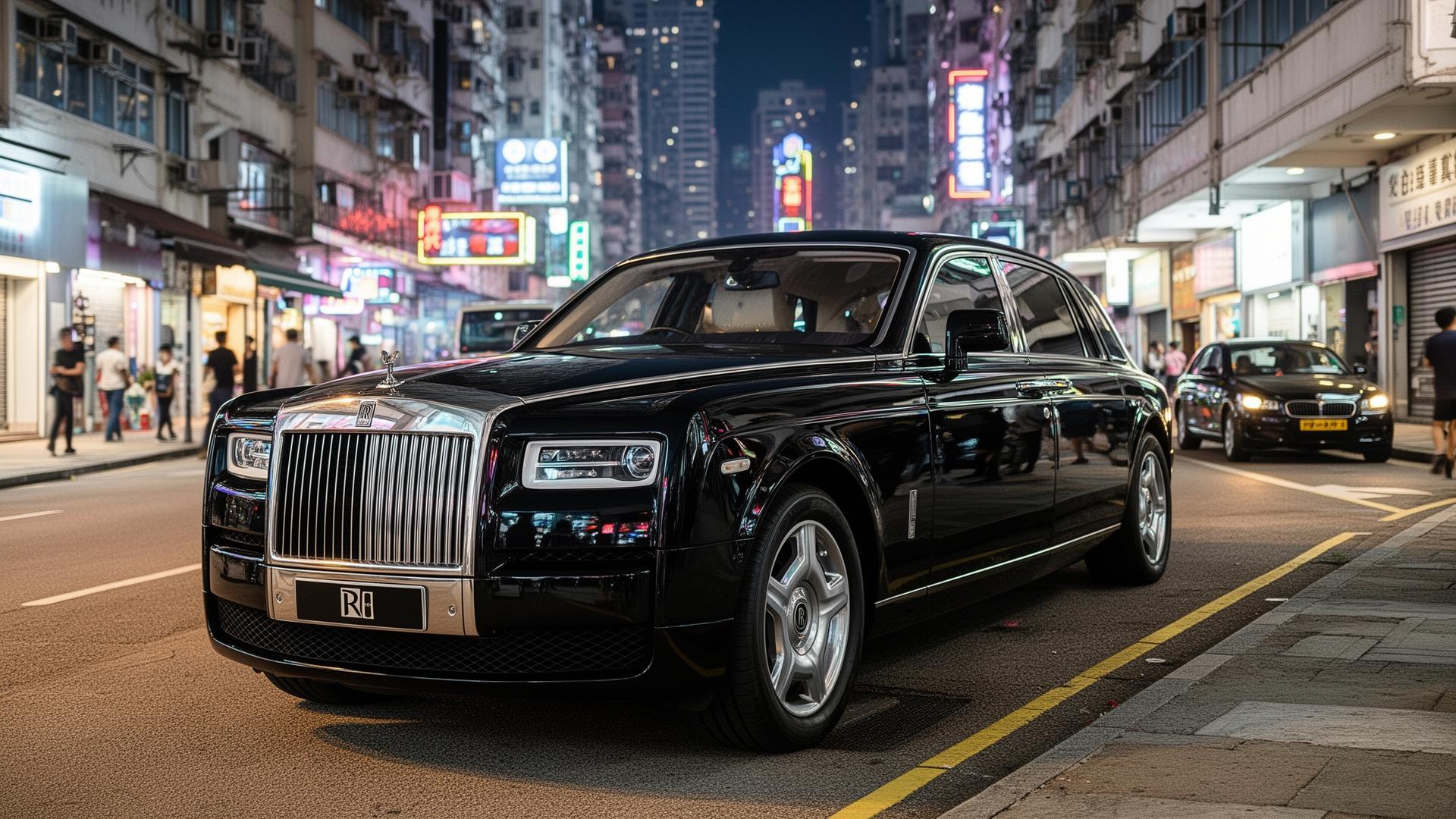 Black Rolls-Royce Phantom on a Hong Kong street at night