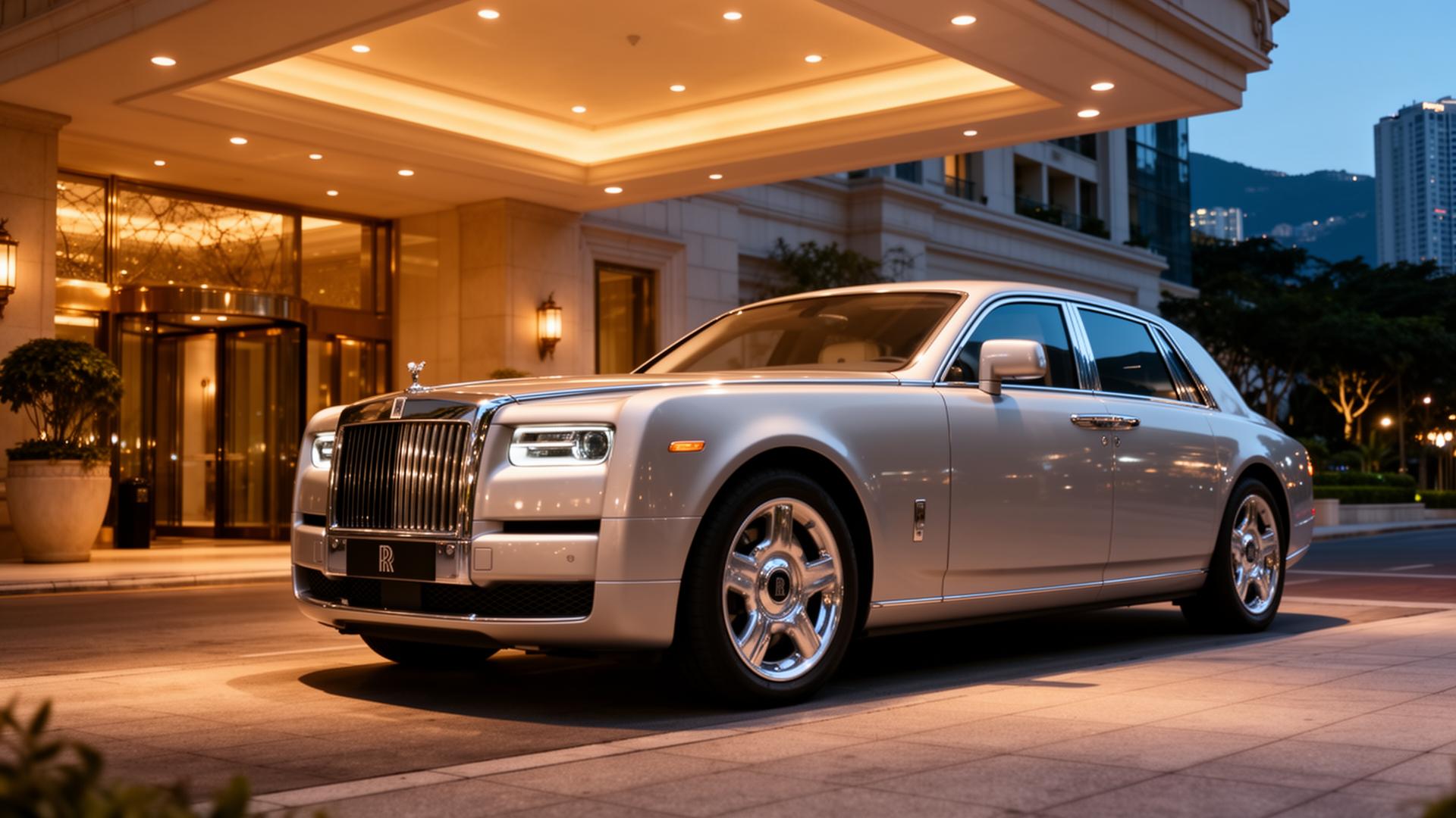 Silver Rolls-Royce Phantom at a Hong Kong hotel porte-cochère