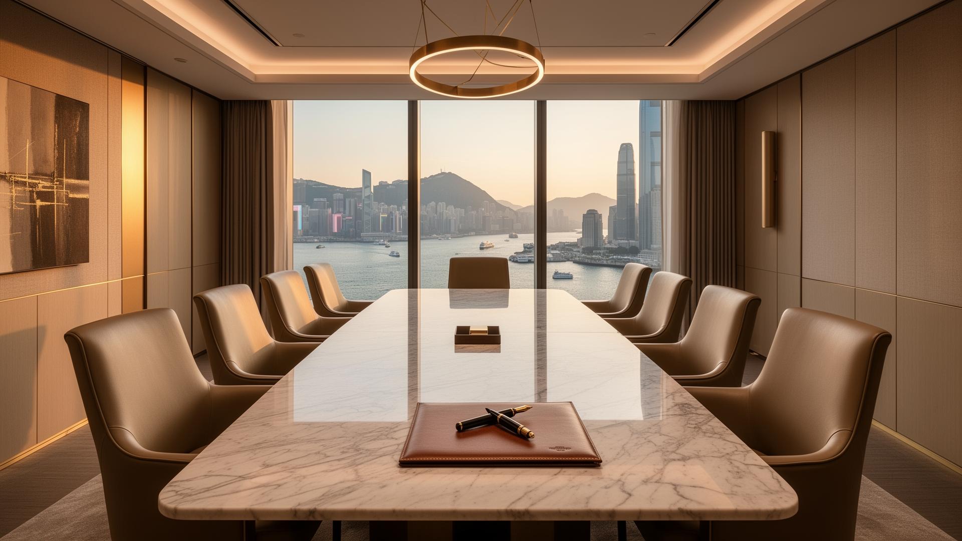 Elegant private banking conference room with Victoria Harbour views
