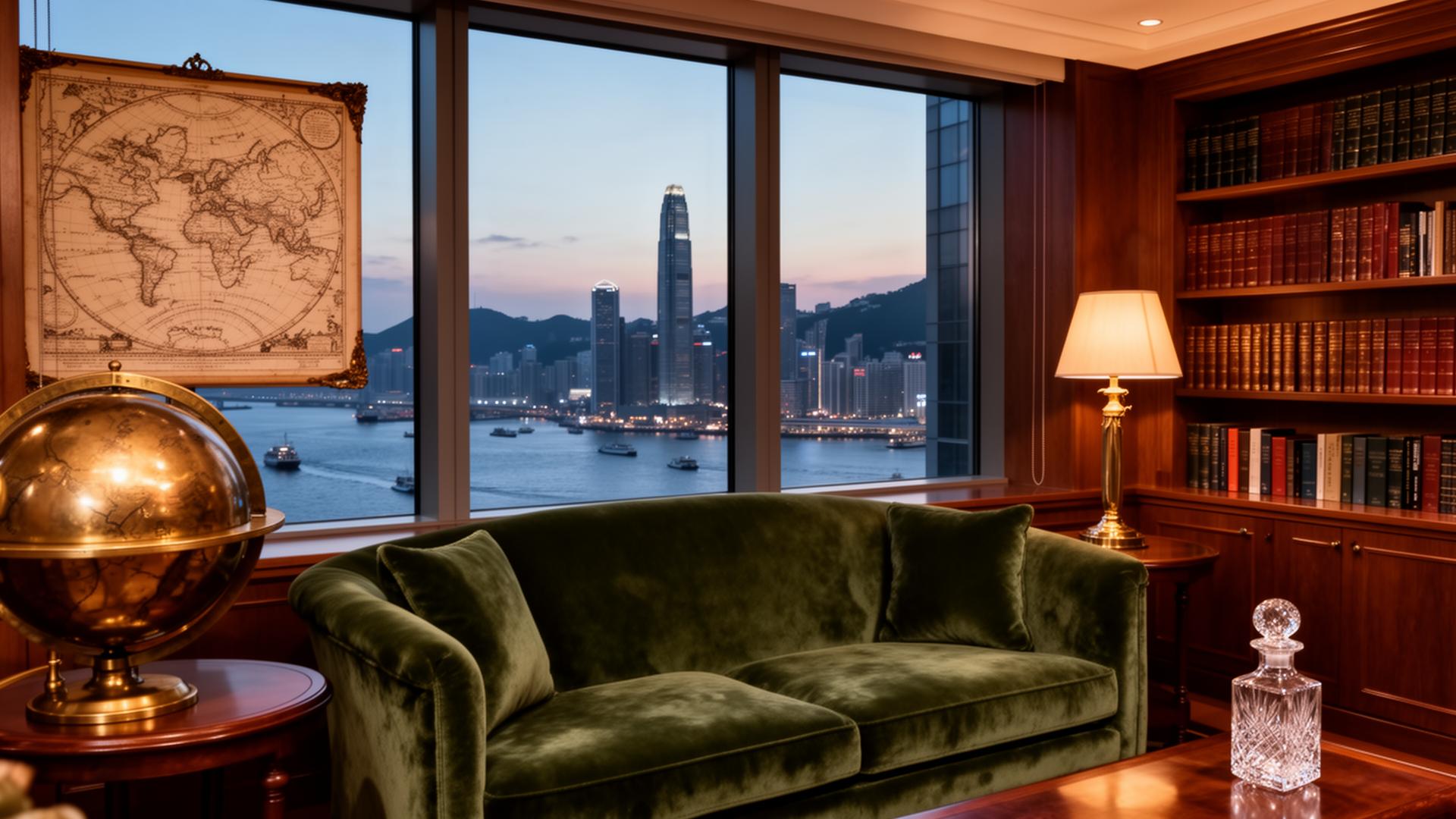 Refined family office lounge overlooking Hong Kong harbour at dusk