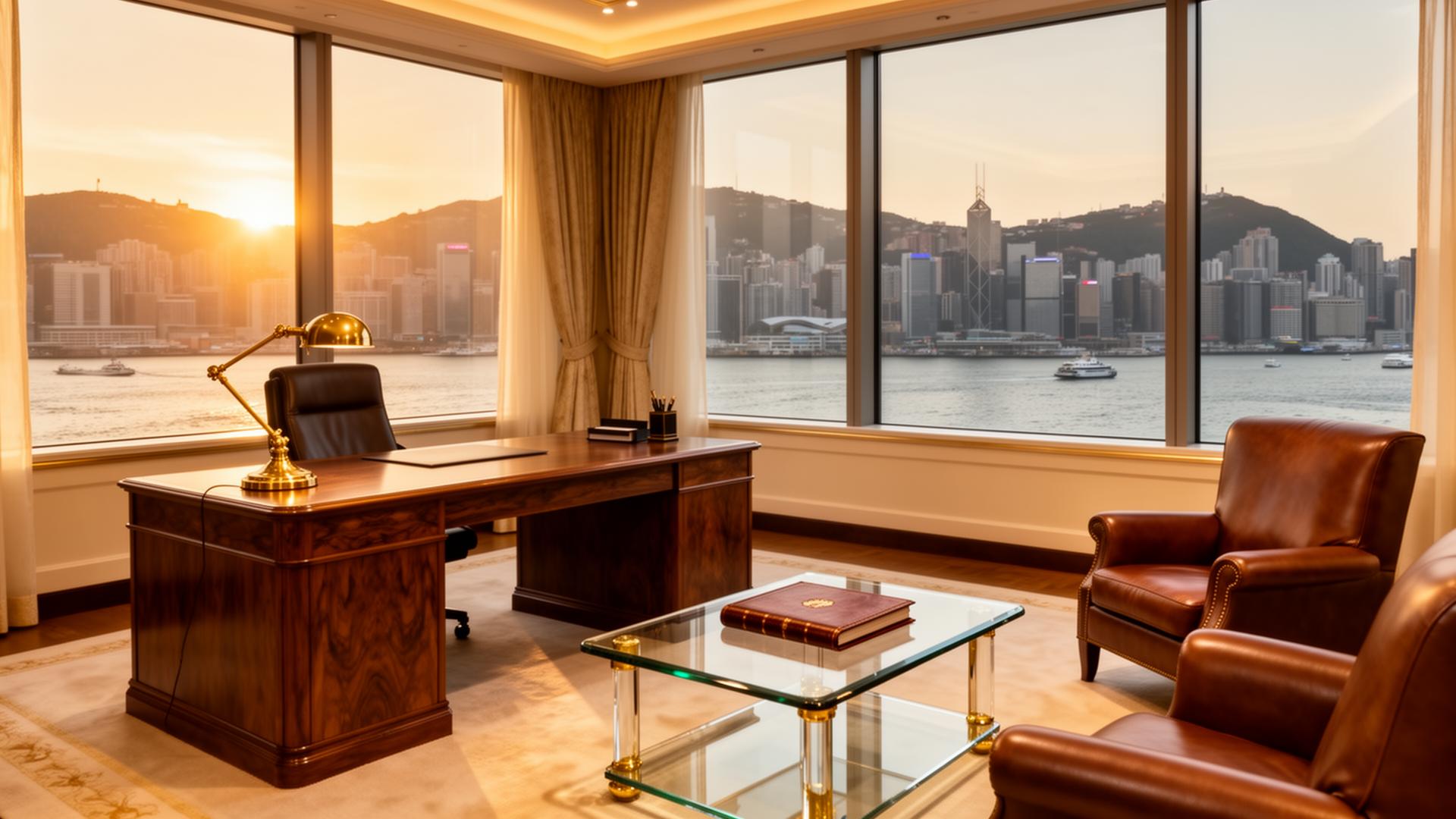 Luxury private consultation suite overlooking Victoria Harbour in Hong Kong's financial district
