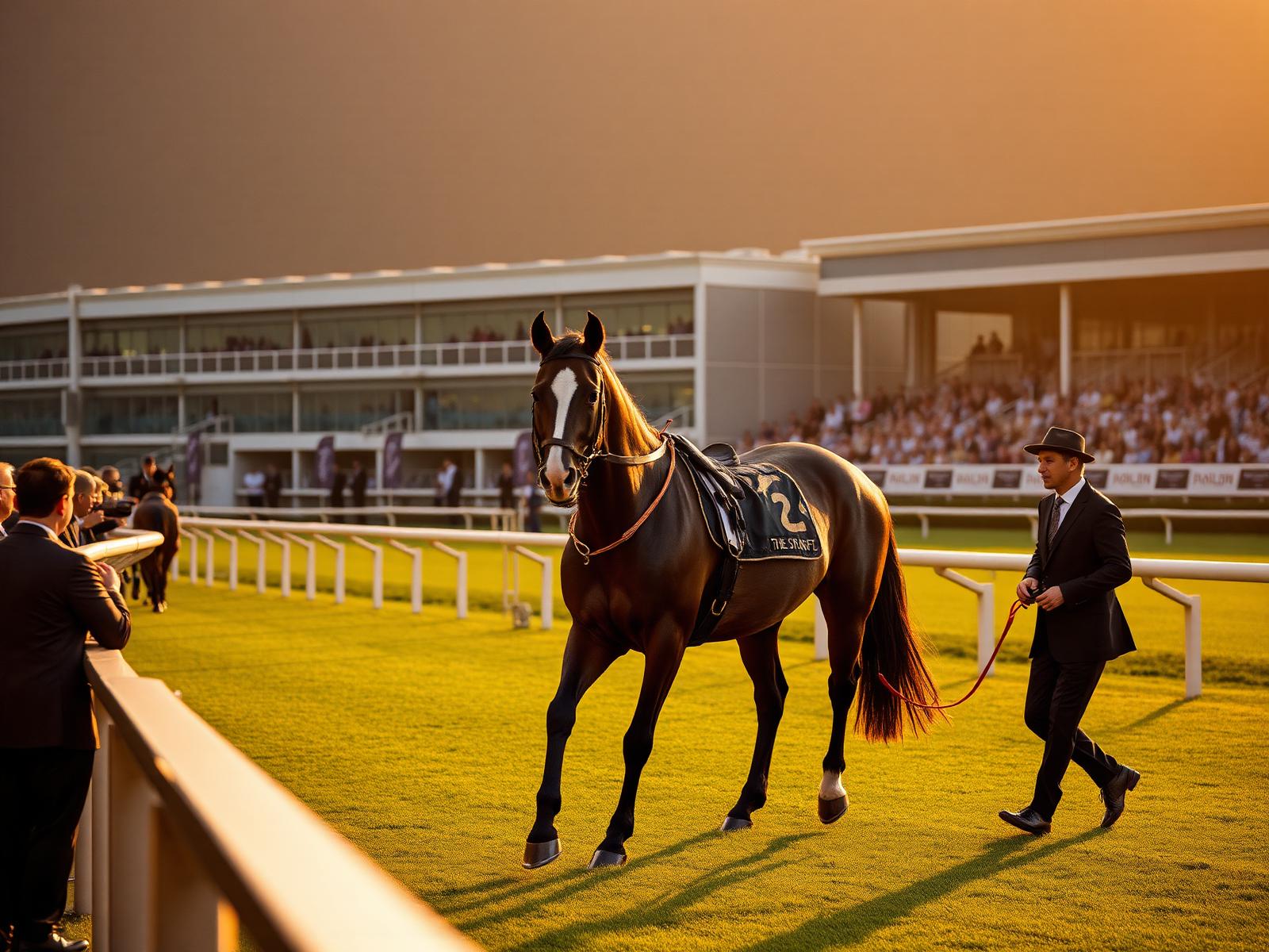 Thoroughbred racehorse at Hong Kong Jockey Club at golden hour