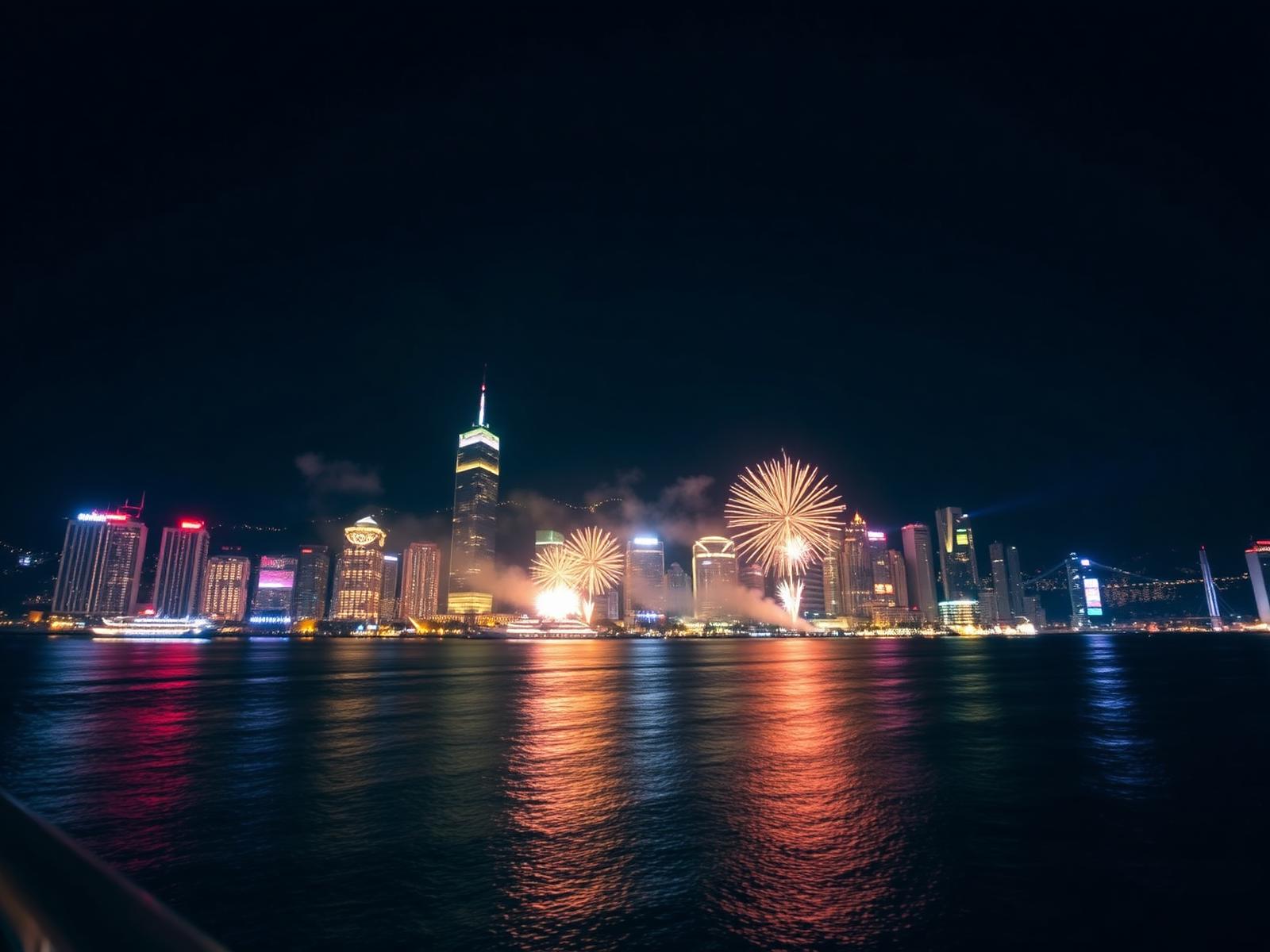 Hong Kong harbour private pyrotechnic finale viewed from a yacht foredeck