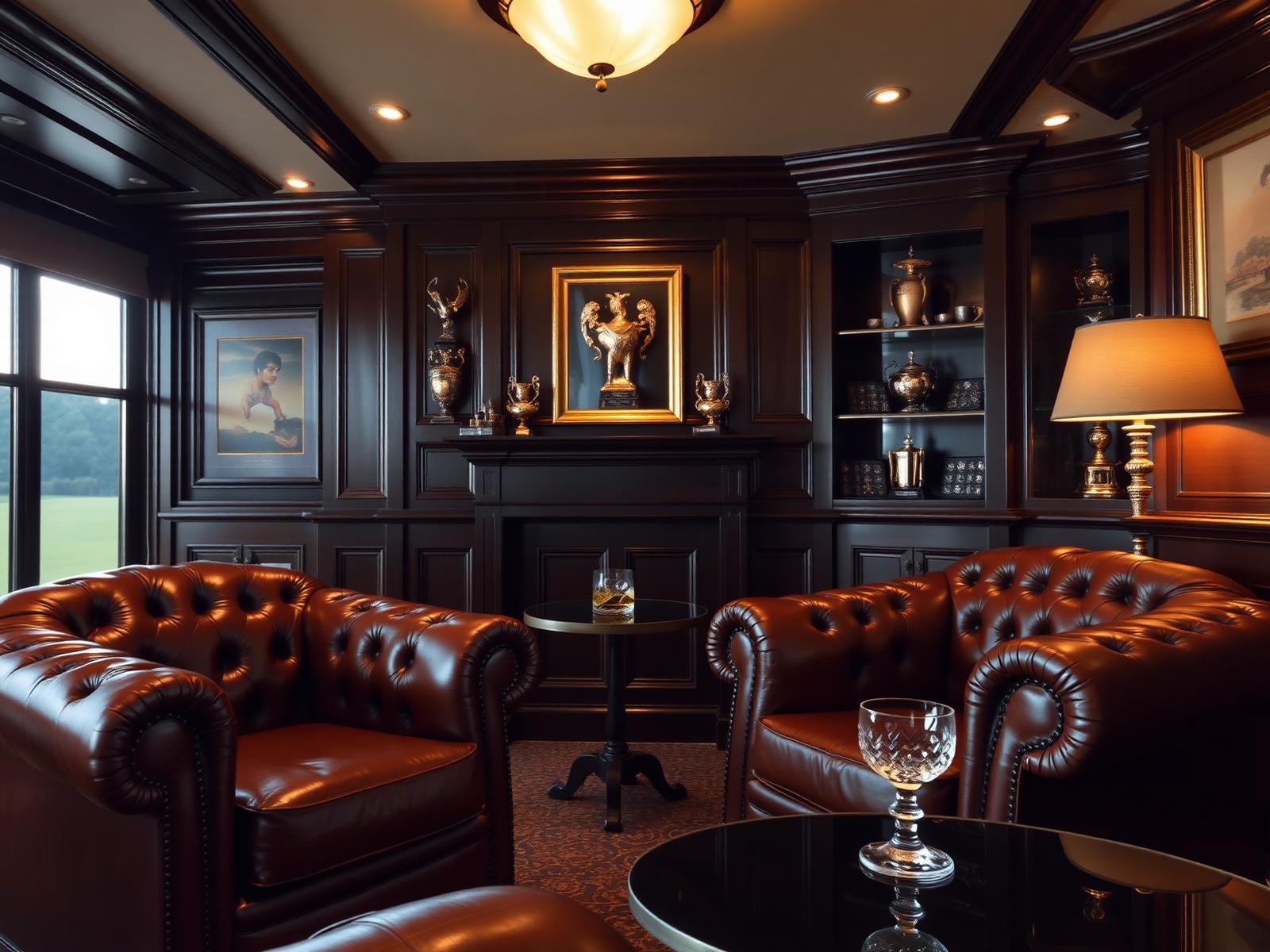 Private golf clubhouse interior with leather chesterfield armchairs