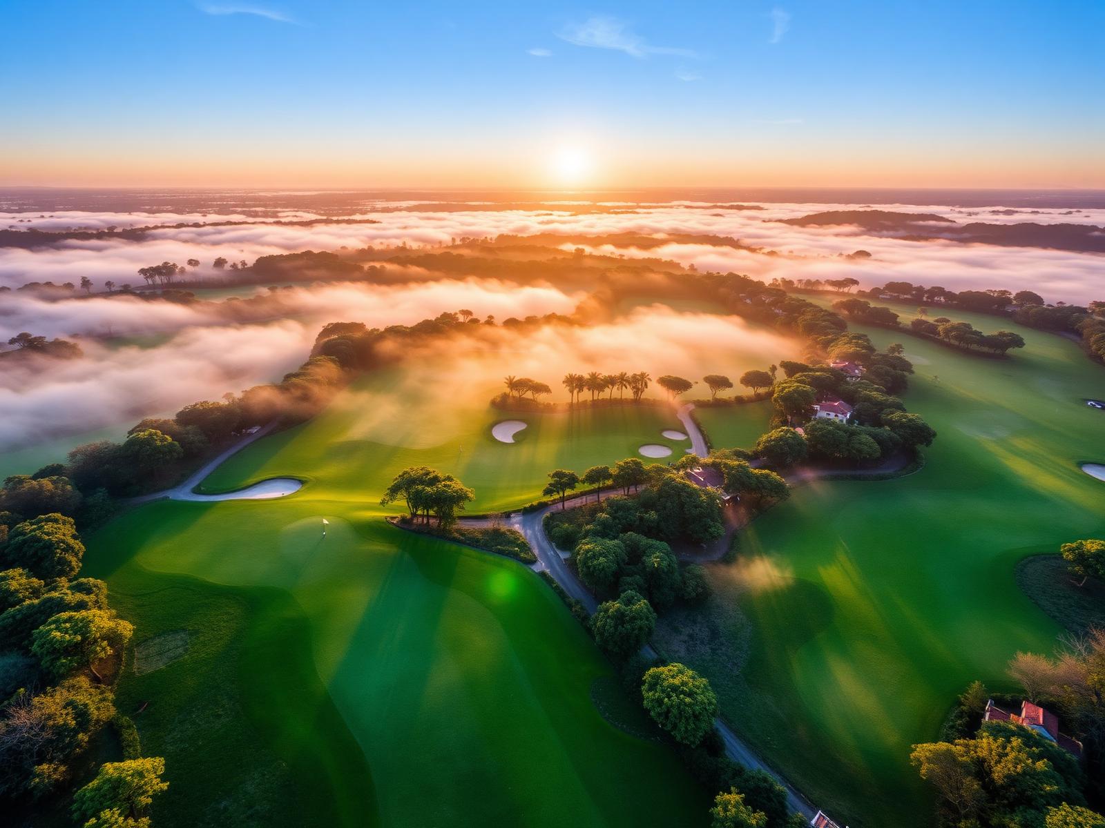 Aerial view of championship golf course in Shenzhen at sunrise