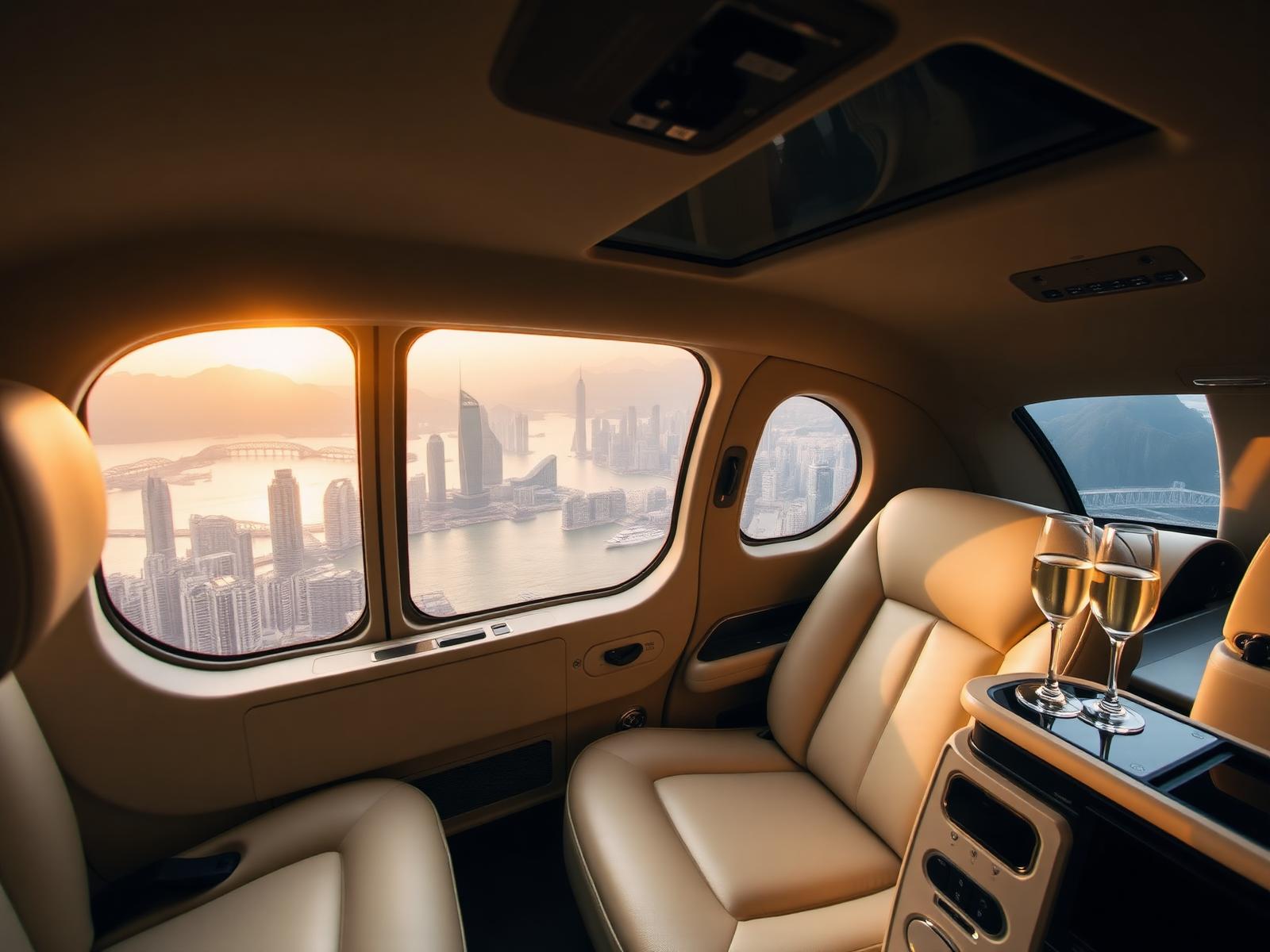 Champagne and panoramic harbour view from a private helicopter cabin