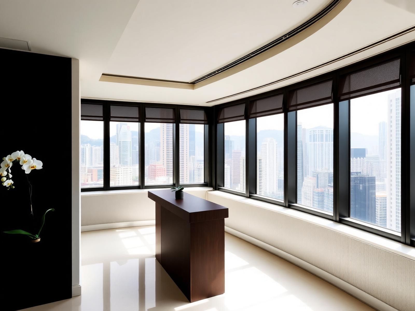 Minimalist private medical consultation suite with Hong Kong city view