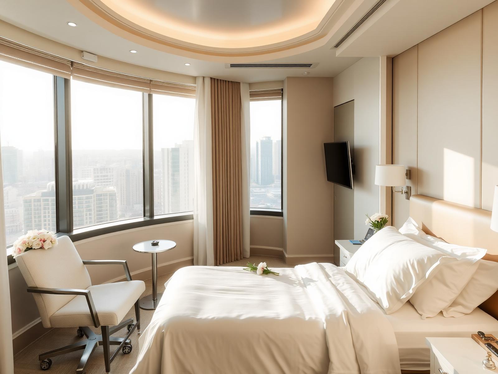 Luxury private hospital recovery suite resembling a five-star hotel room