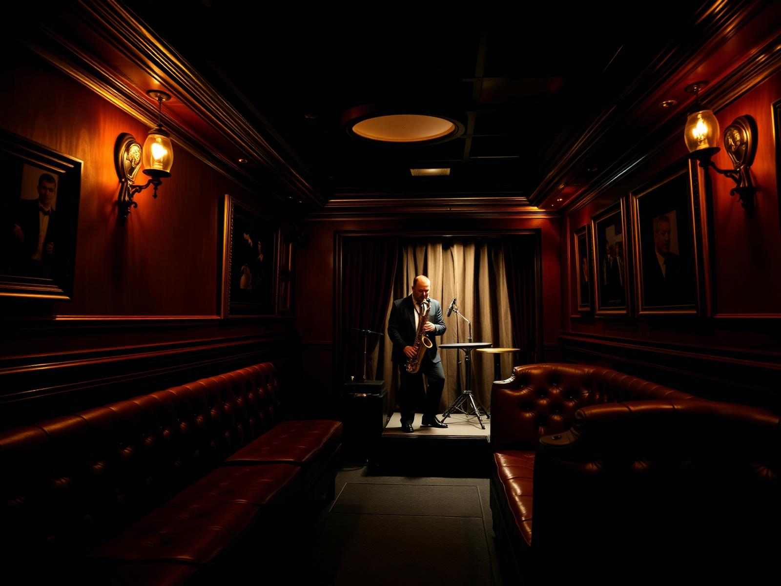 Intimate Hong Kong jazz speakeasy with a saxophonist on stage
