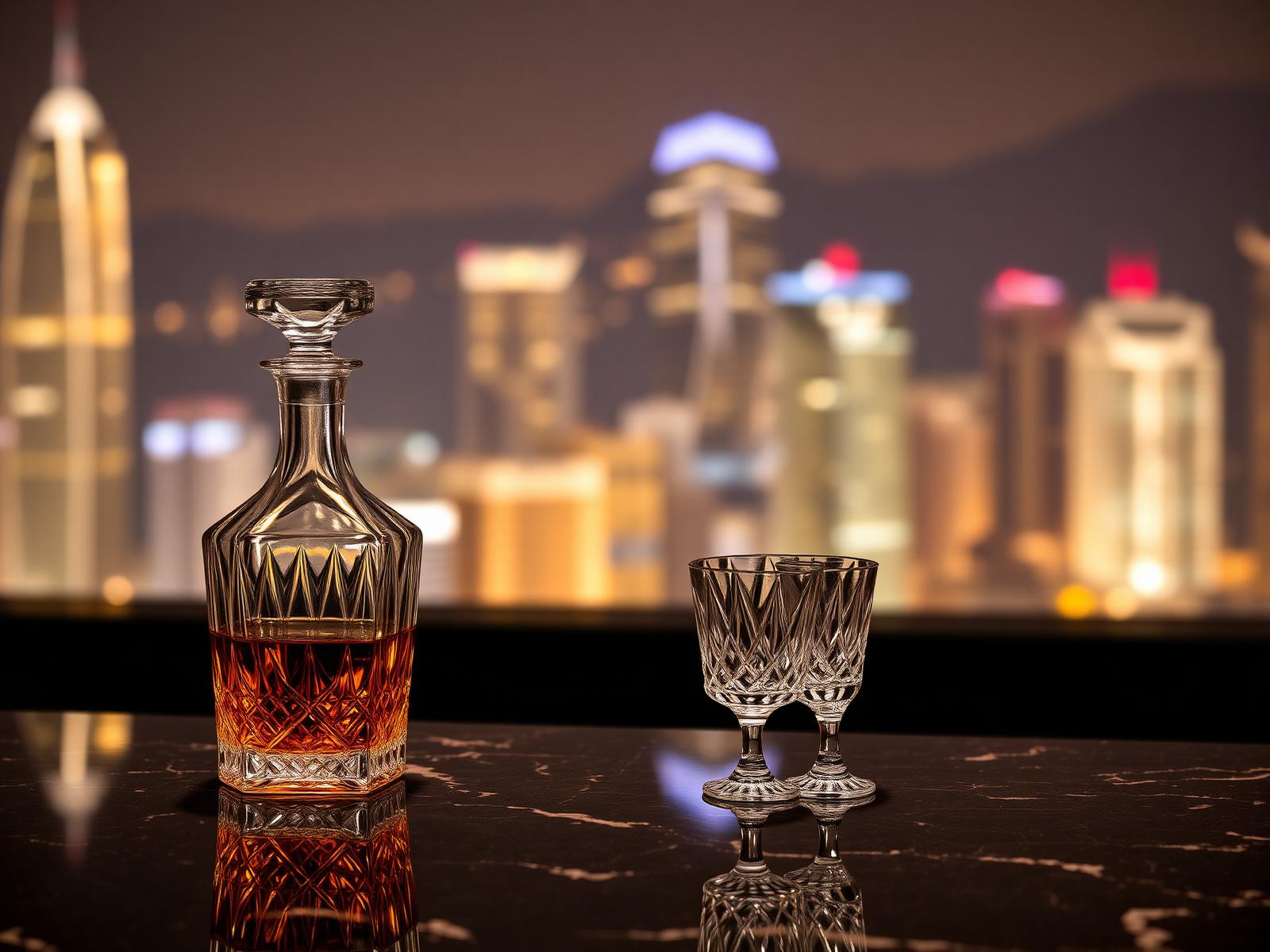 Crystal whisky decanter and tumblers with Hong Kong skyline beyond