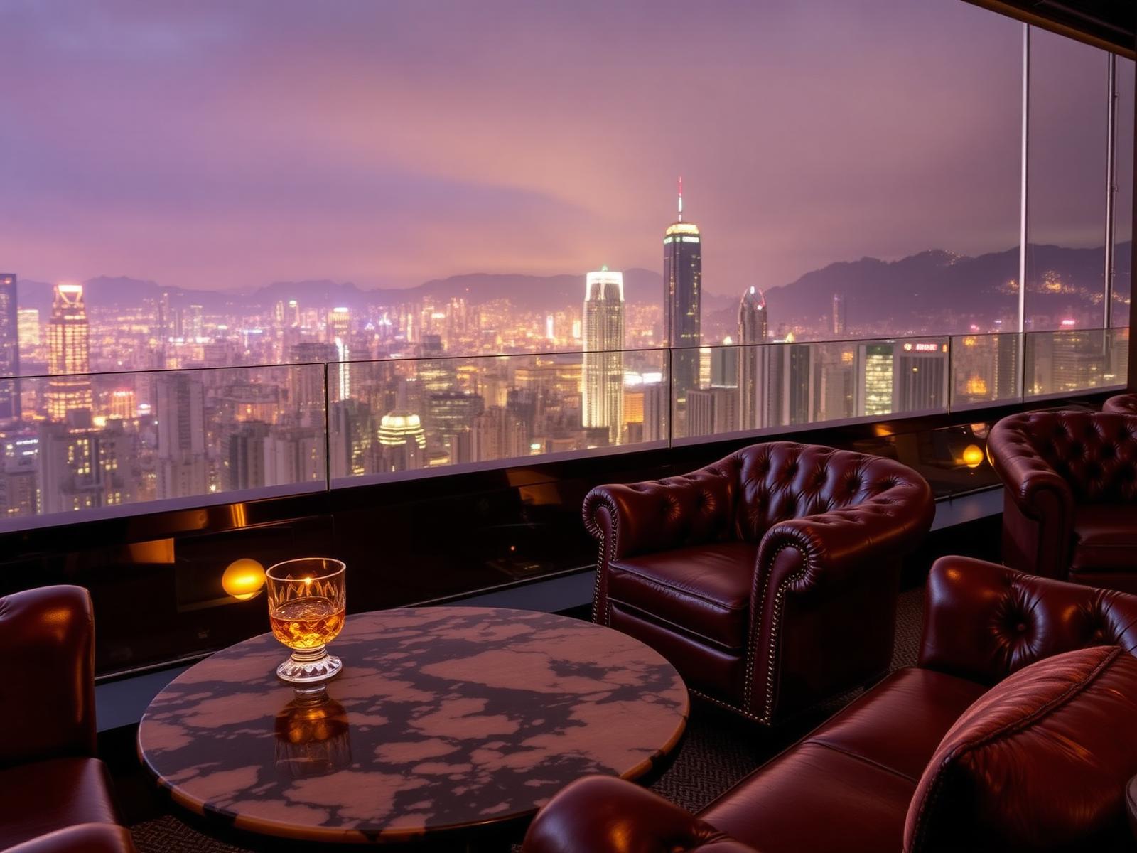 Private rooftop cigar lounge at night overlooking Hong Kong skyline