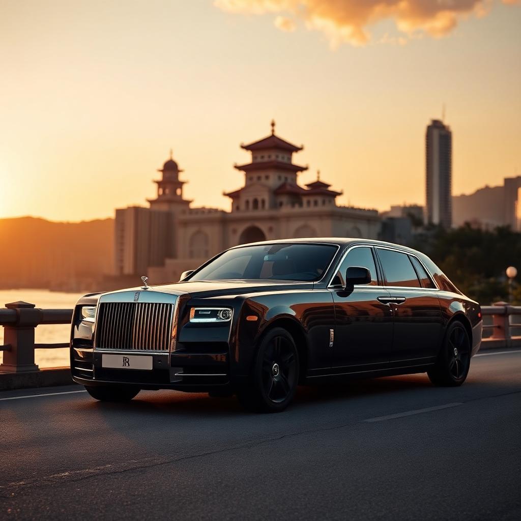 Black Rolls-Royce Phantom on a coastal road in Hong Kong at golden hour with historic architecture beyond