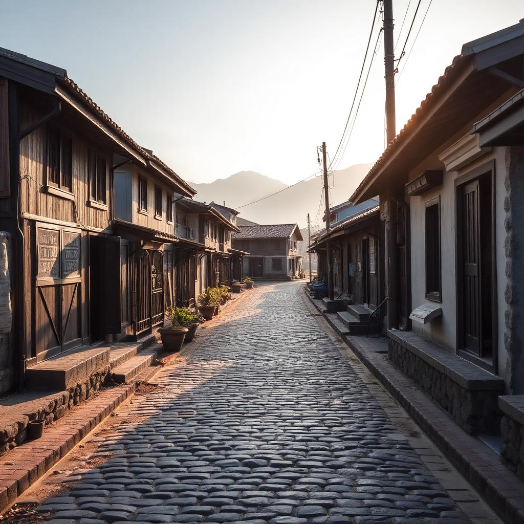 Cobblestone lane through a historic Hong Kong fishing village at morning light