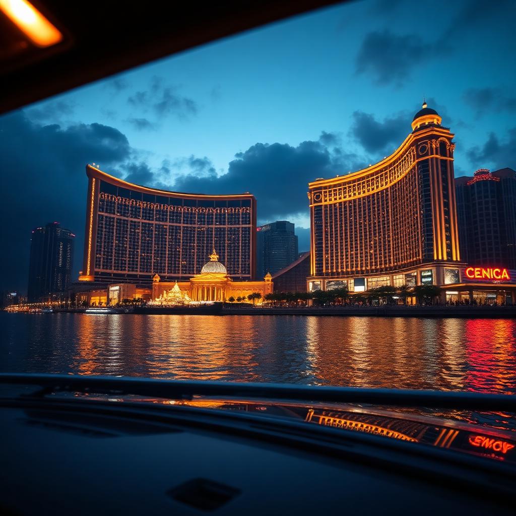 Cotai Strip skyline at twilight viewed through a chauffeured limousine window