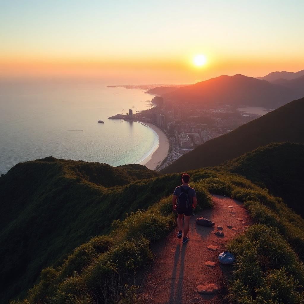 Dragon's Back ridgeline trail overlooking Shek O beach at sunset