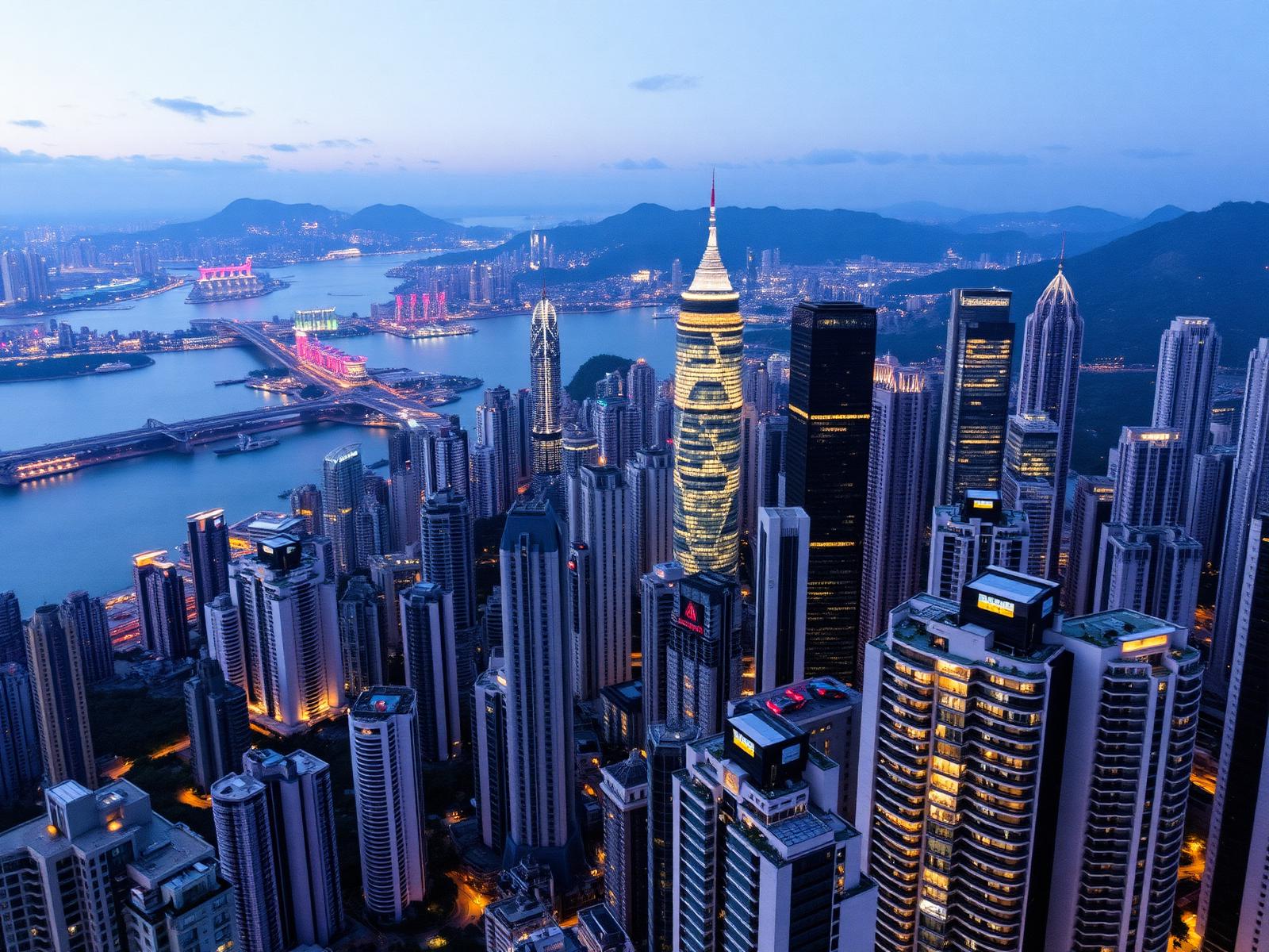 Aerial twilight view of luxury Hong Kong residential skyscrapers along Victoria Harbour