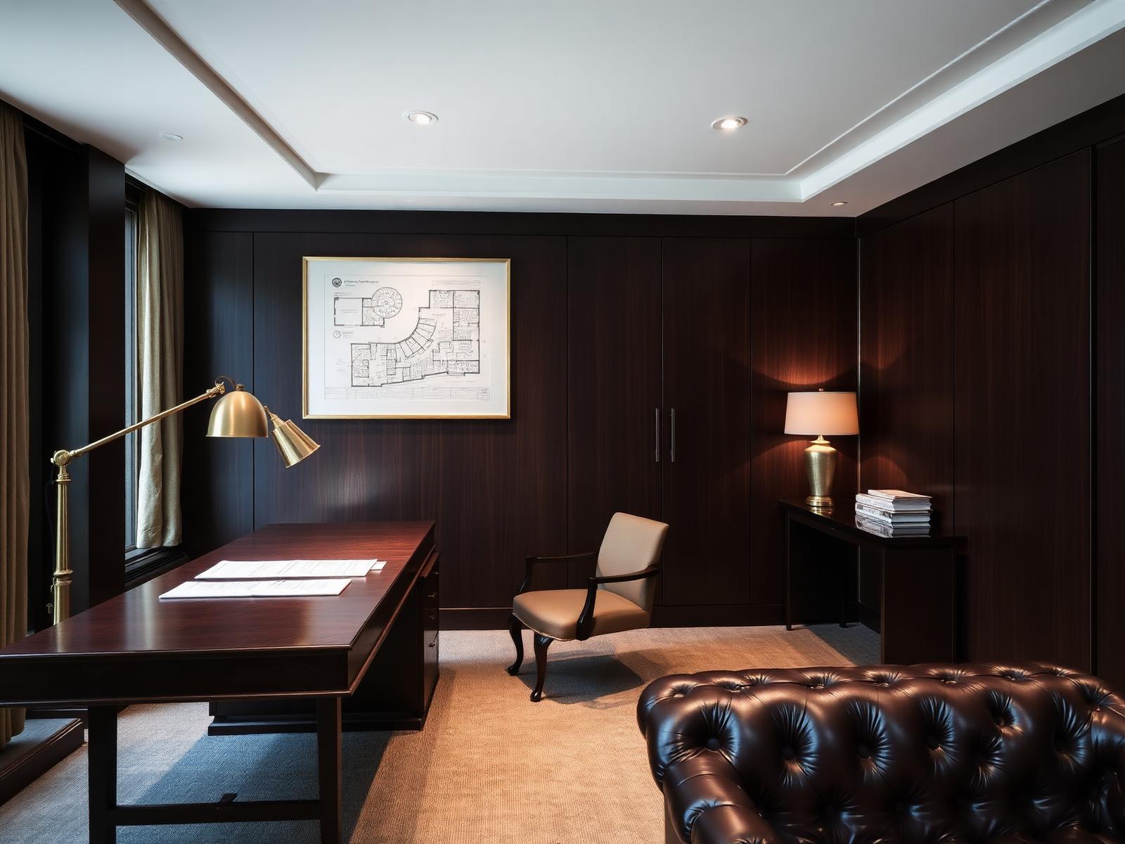 Quiet refined private property advisory salon with walnut desk and brass lamp