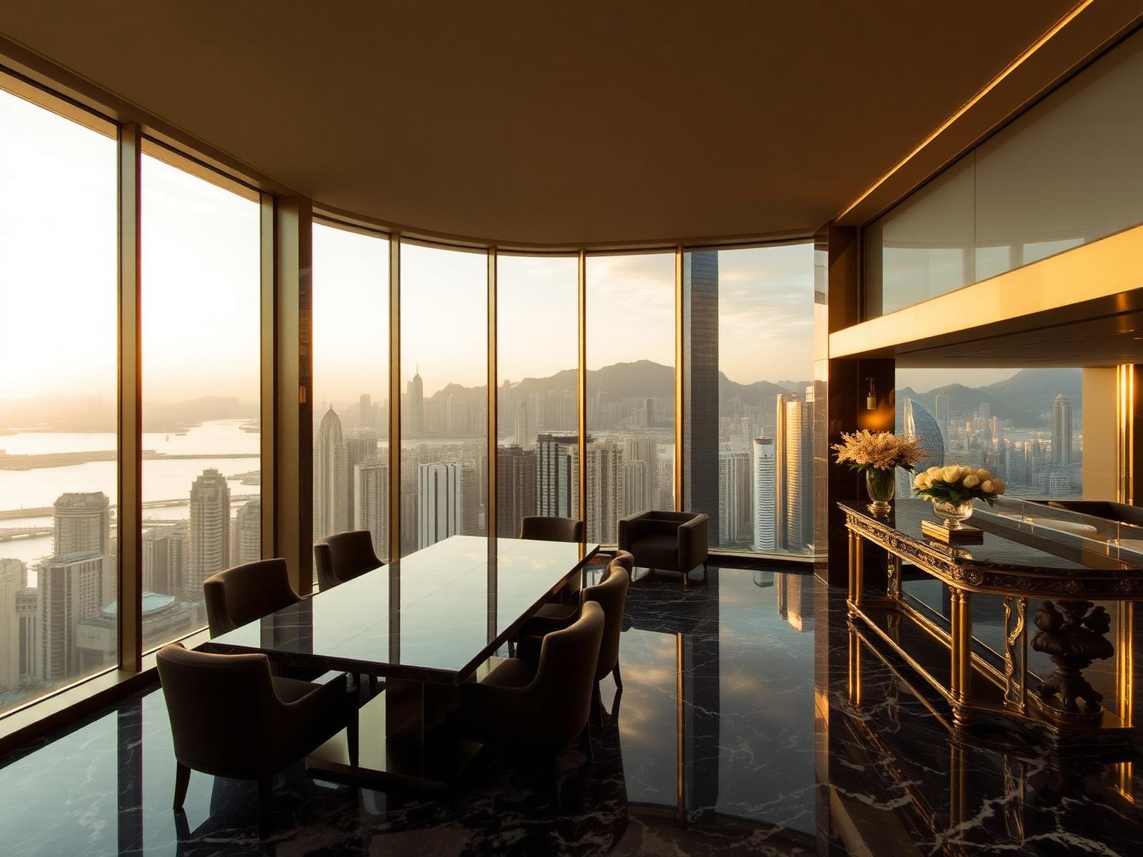 Luxury Hong Kong harbour-front penthouse interior at golden hour