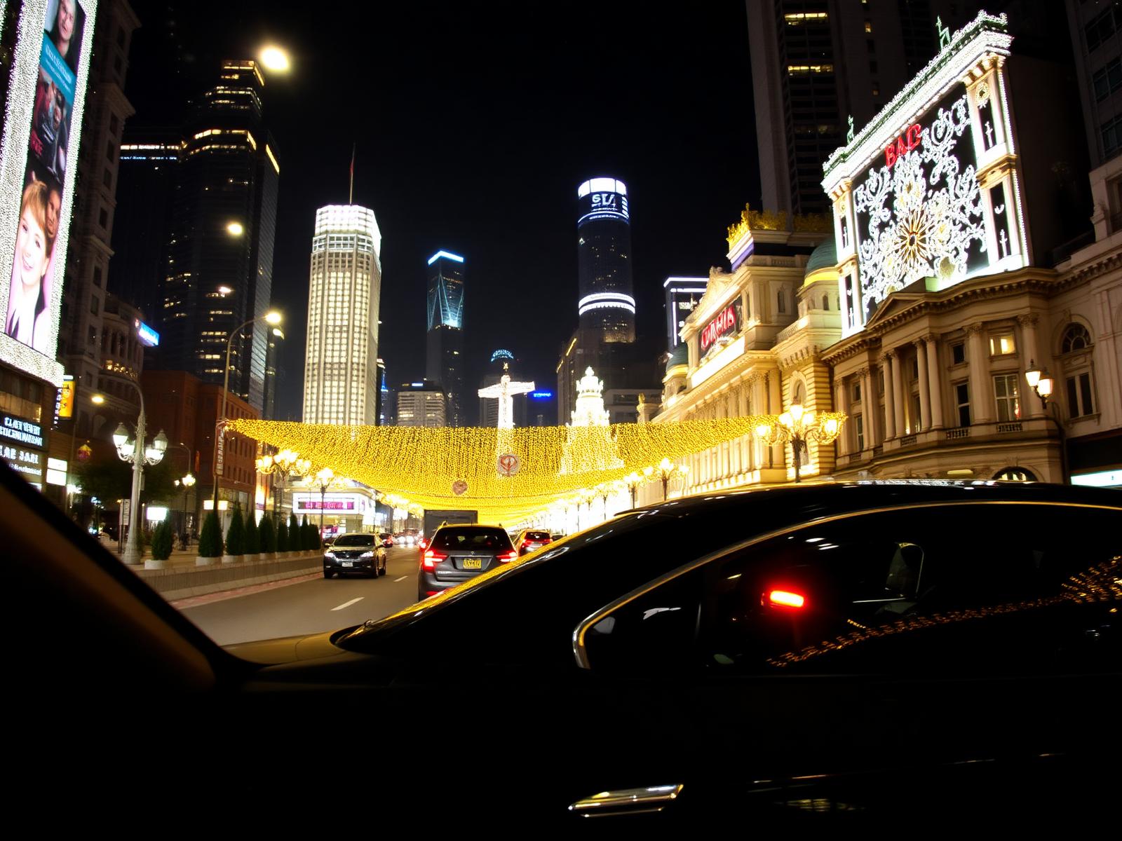 Hong Kong Tsim Sha Tsui Christmas lights viewed from a private car