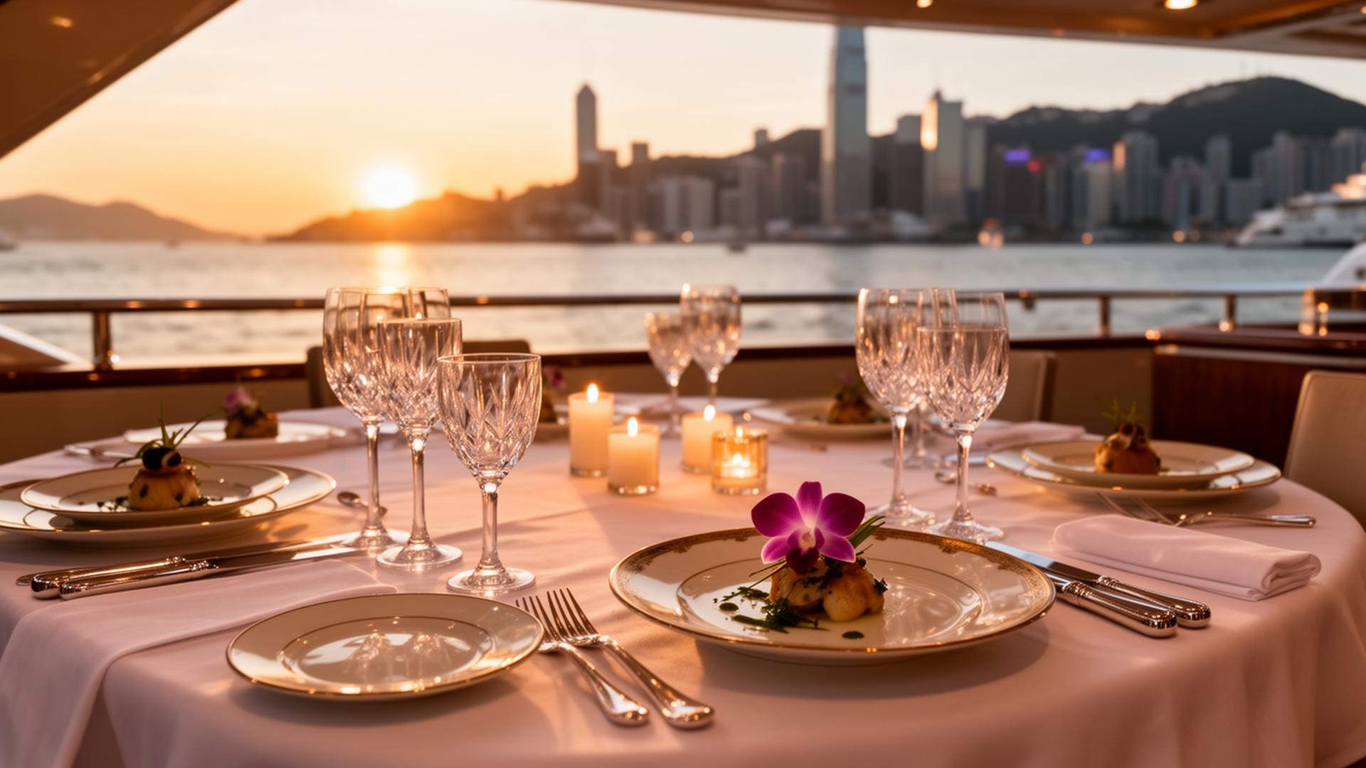 Michelin-starred private dinner aboard a yacht at sunset on Victoria Harbour